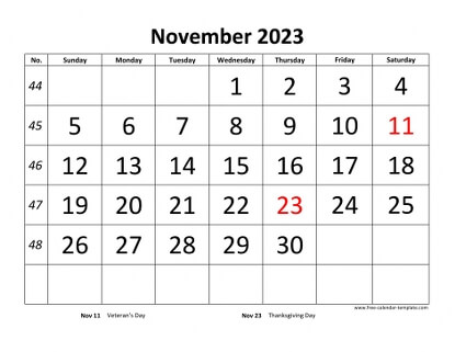 november 2023 calendar bigfont horizontal
