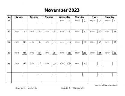 november 2023 calendar checkboxes horizontal
