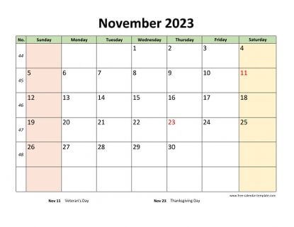 november 2023 calendar colored horizontal