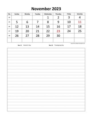 november 2023 calendar daily notes vertical