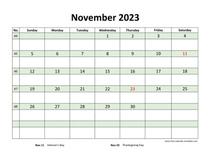 november 2023 calendar daycolored horizontal