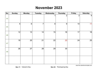 november 2023 calendar holidays horizontal