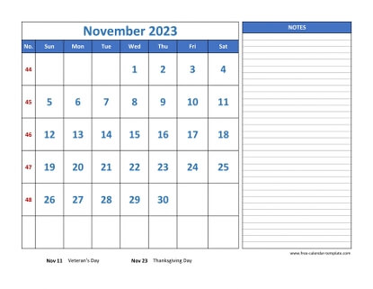 november 2023 calendar largenotes horizontal