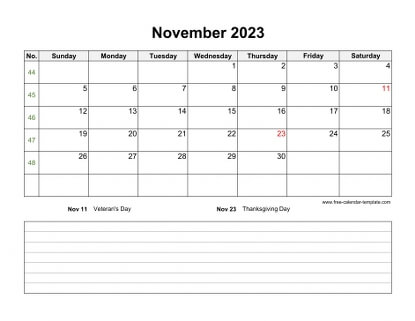 november 2023 calendar notes horizontal