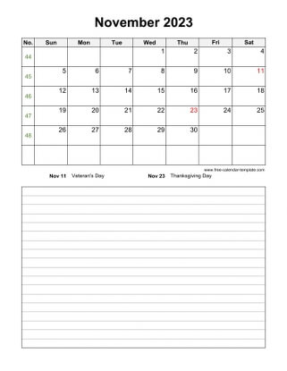 november 2023 calendar notes vertical