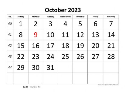 october 2023 calendar bigfont horizontal