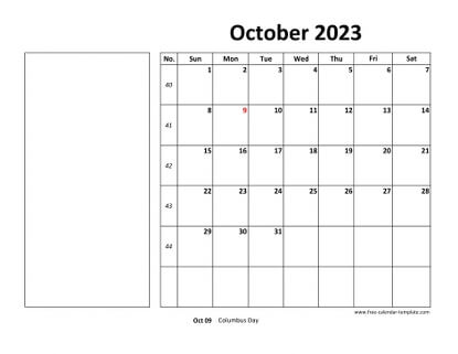 october 2023 calendar boxnotes horizontal