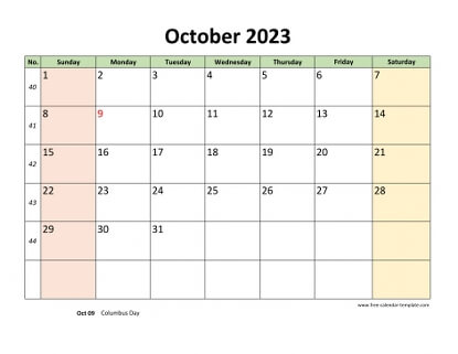 october 2023 calendar colored horizontal