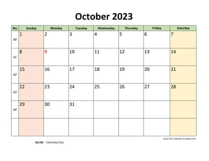 october 2023 calendar colored horizontal