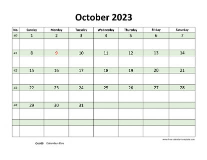 october 2023 calendar daycolored horizontal