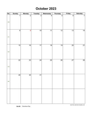 october 2023 calendar holidays vertical