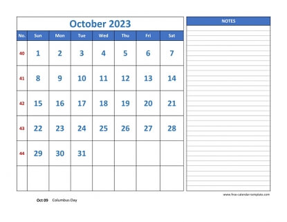 october 2023 calendar largenotes horizontal