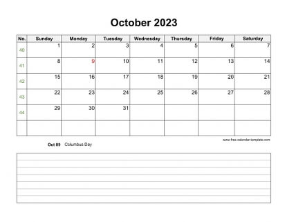 october 2023 calendar notes horizontal
