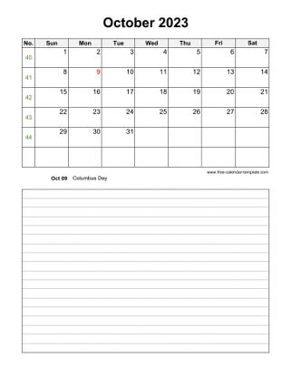 october 2023 calendar notes vertical