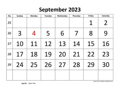 september 2023 calendar bigfont horizontal