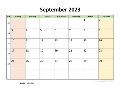 september 2023 calendar colored horizontal