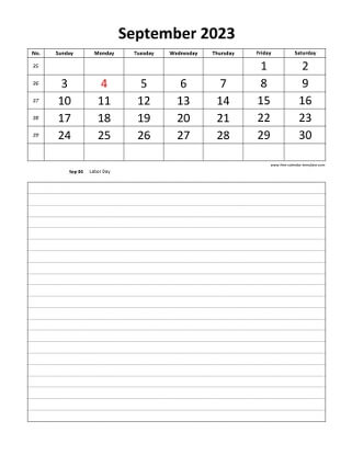 september 2023 calendar daily notes vertical