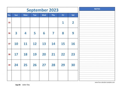 september 2023 calendar largenotes horizontal