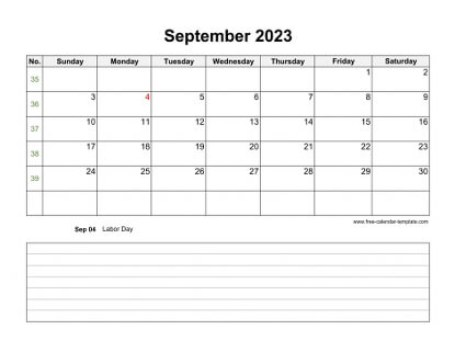 september 2023 calendar notes horizontal