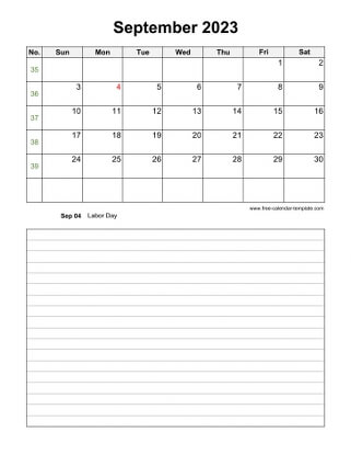 september 2023 calendar notes vertical