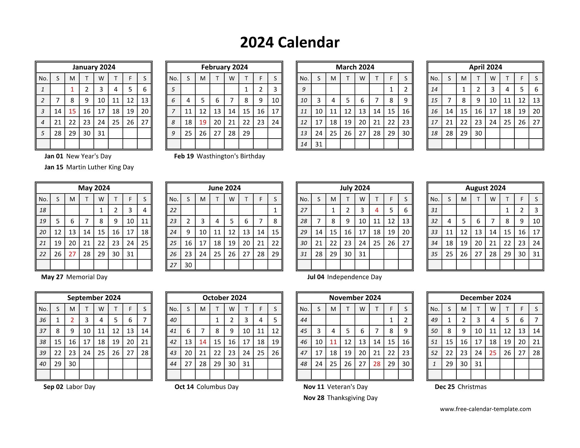 Free 2024 Calendar Printable With Holidays In Word Format Aurea Caressa