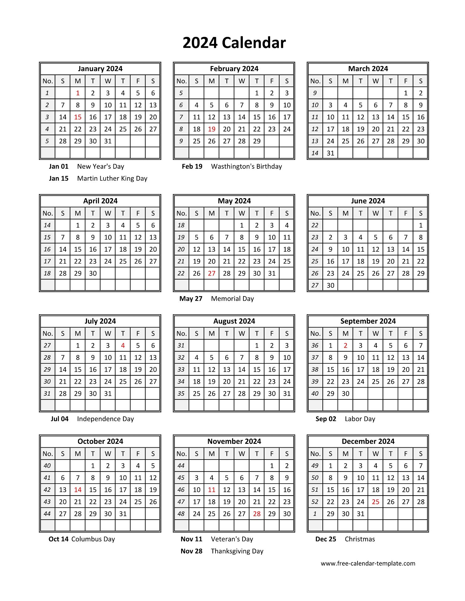 Yearly printable calendar 2024 with holidays | Free-calendar-template.com Yearly printable calendar 2024 with holidays | Free-calendar-template.com