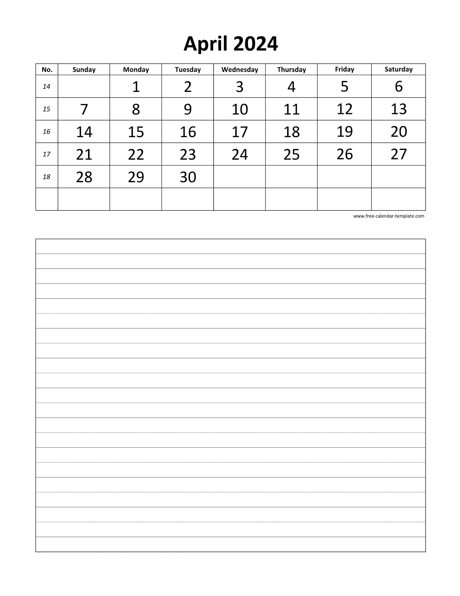 Printable 2024 April Calendar Grid Lines For Daily Notes Vertical