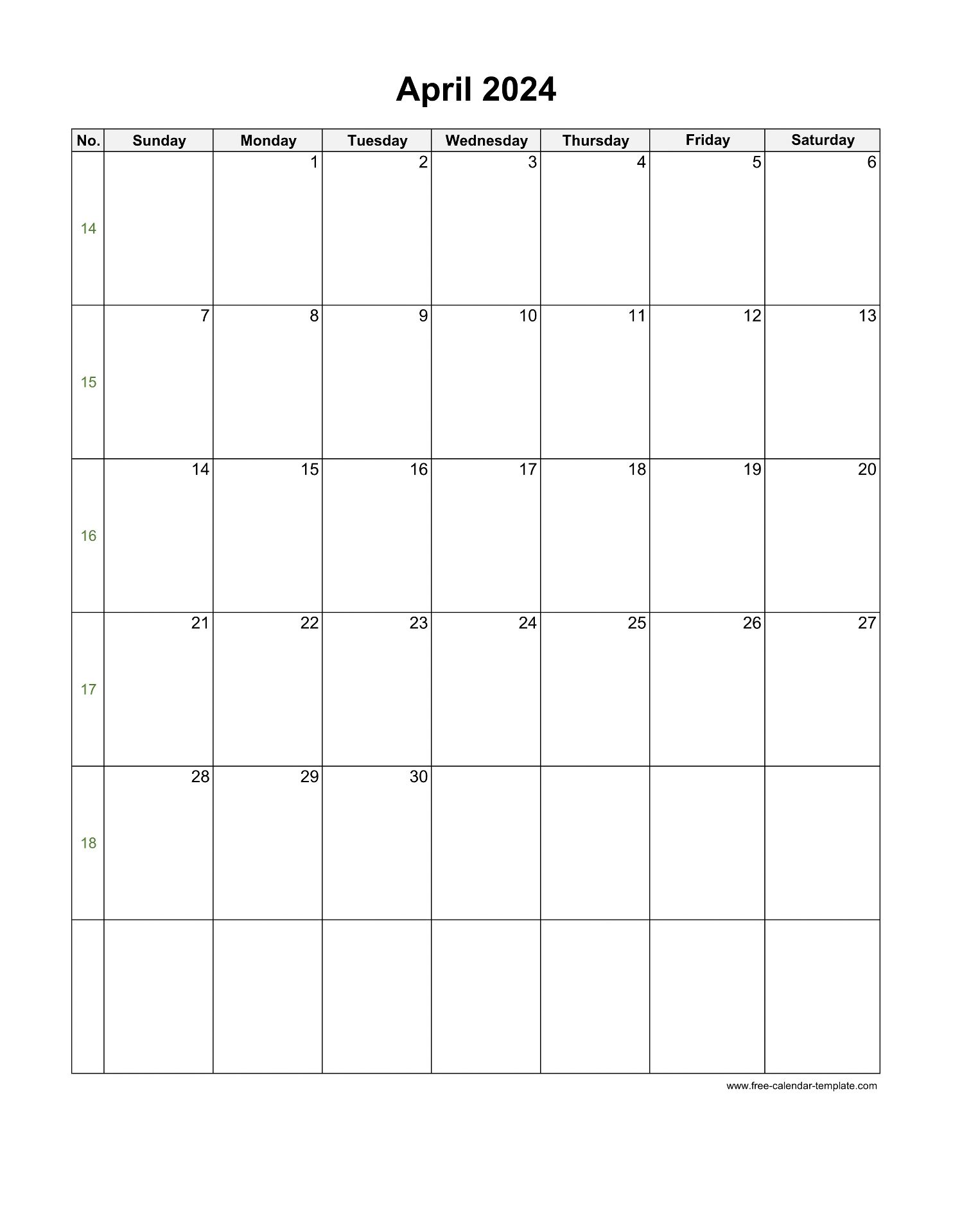 2024 April Calendar Blank Vertical Template Free Calendar