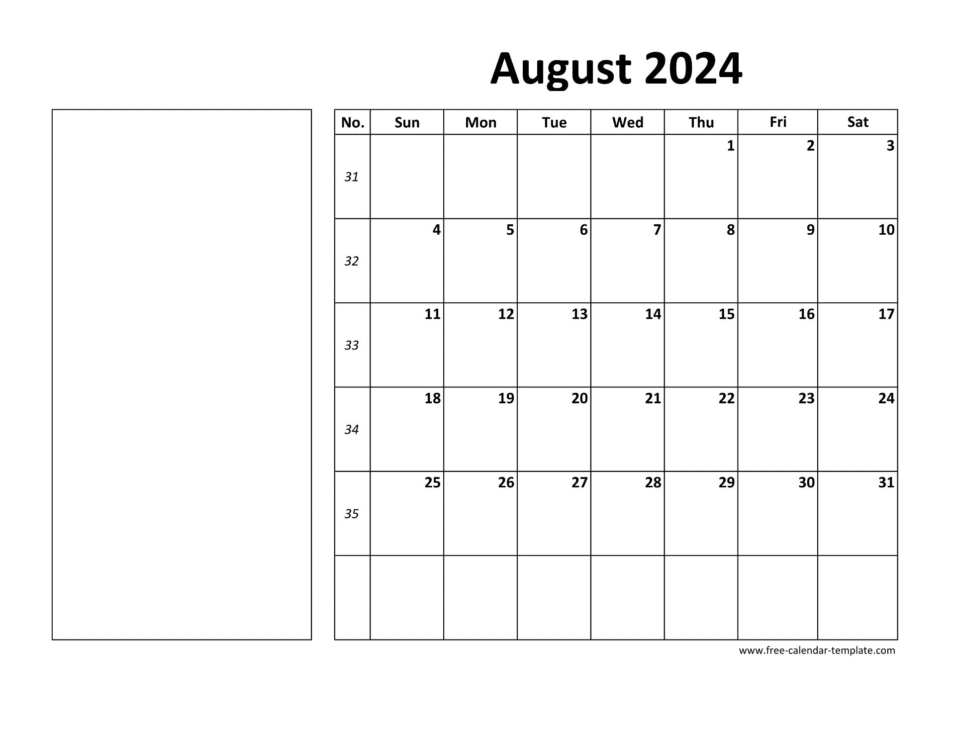Printable August 2024 Calendar (box and lines for notes) Free