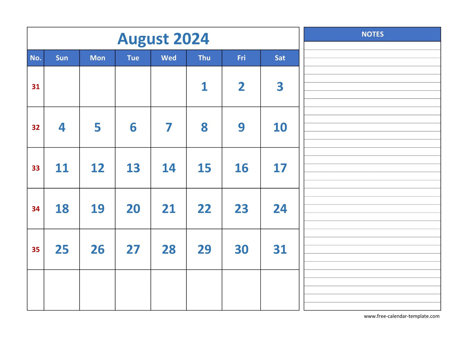 August Calendar 2024 grid lines for holidays and notes (horizontal
