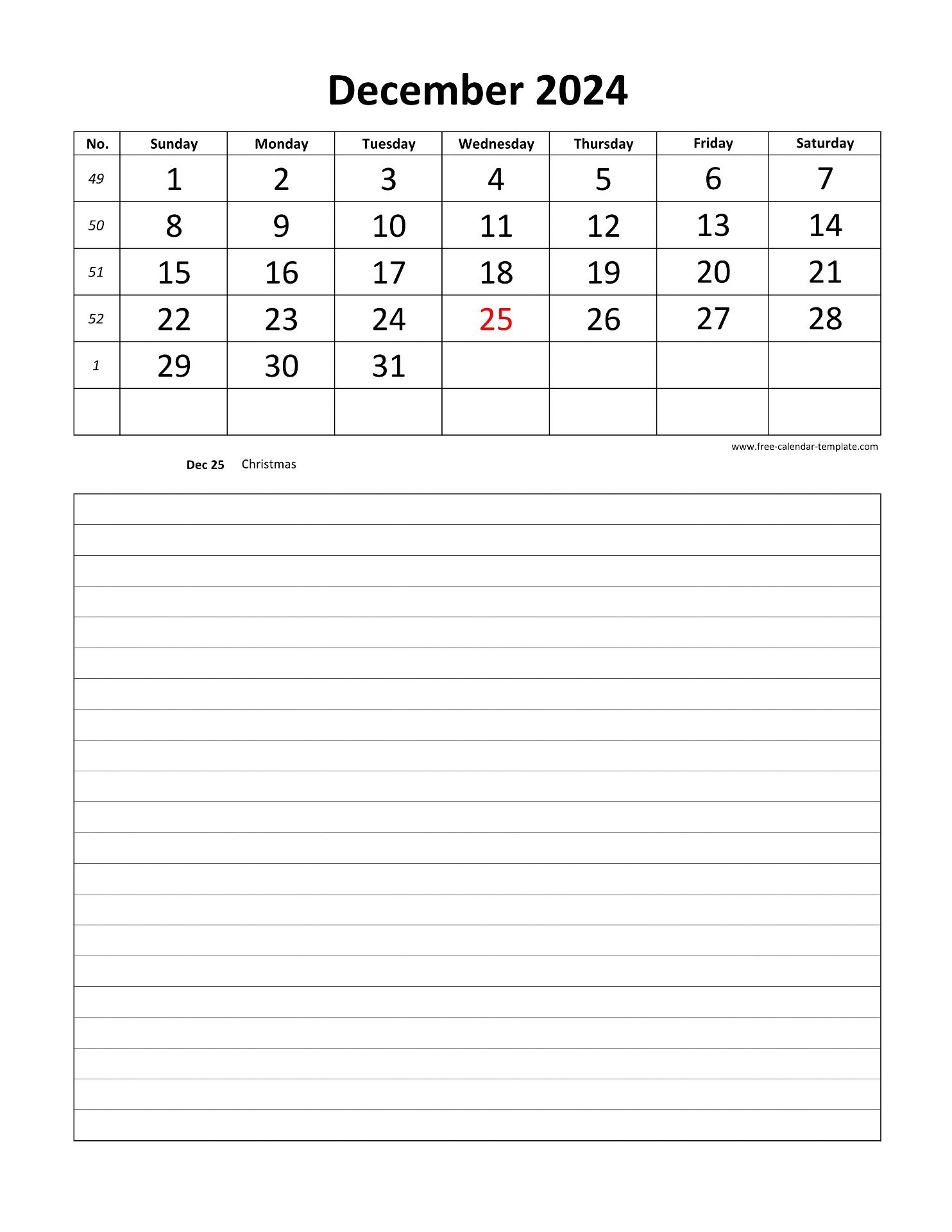 Printable 2024 December Calendar grid lines for daily notes (vertical