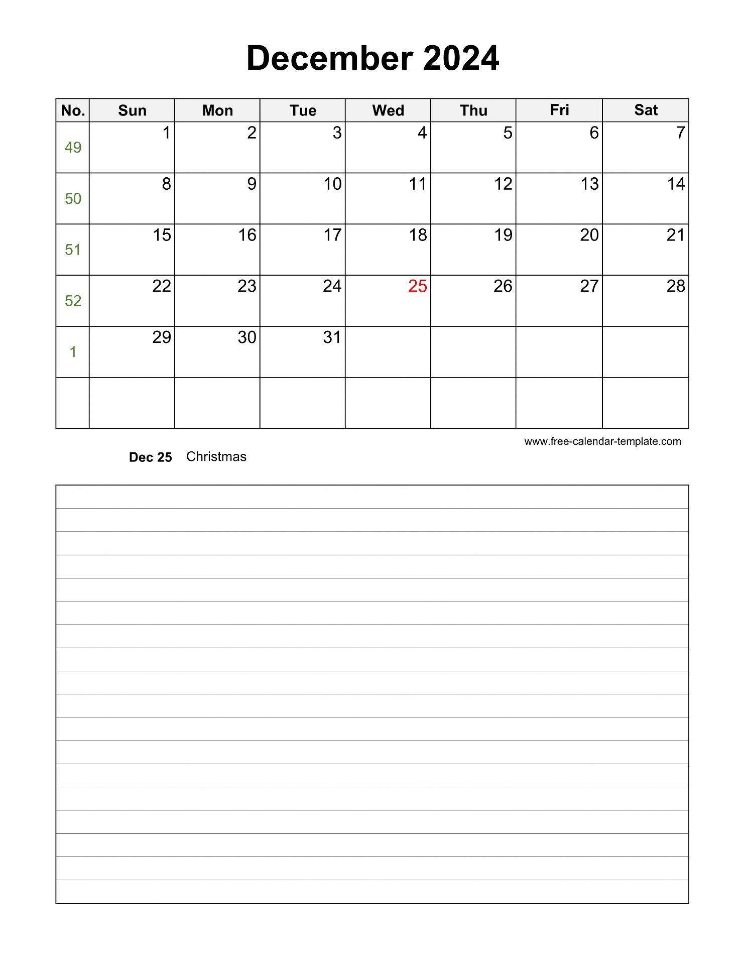 Printable December 2024 Calendar with space for appointments (vertical