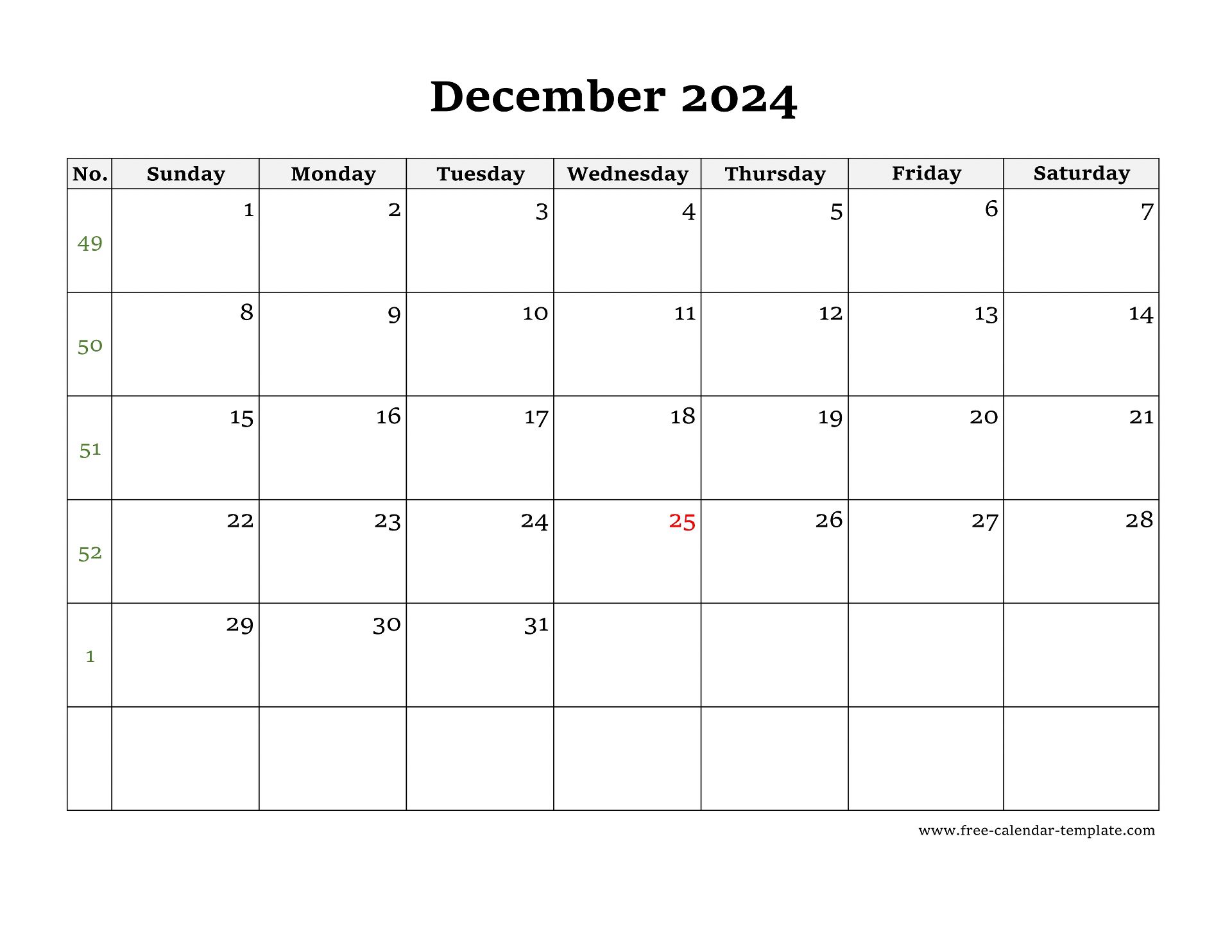 Simple December Calendar 2024 large box on each day for notes. Free