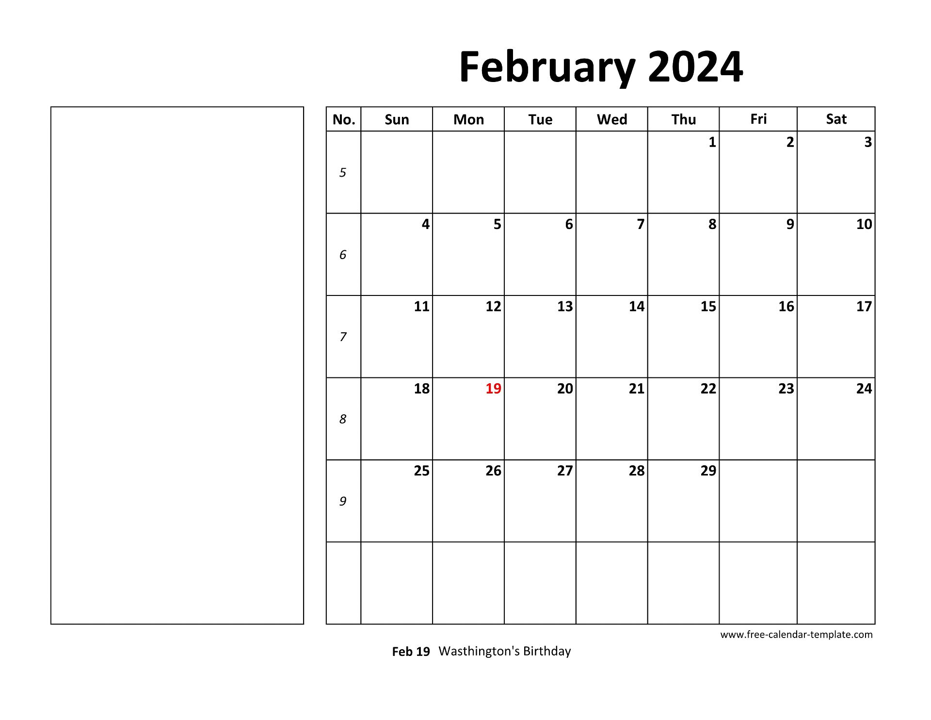 Printable February 2024 Calendar (box and lines for notes) Free