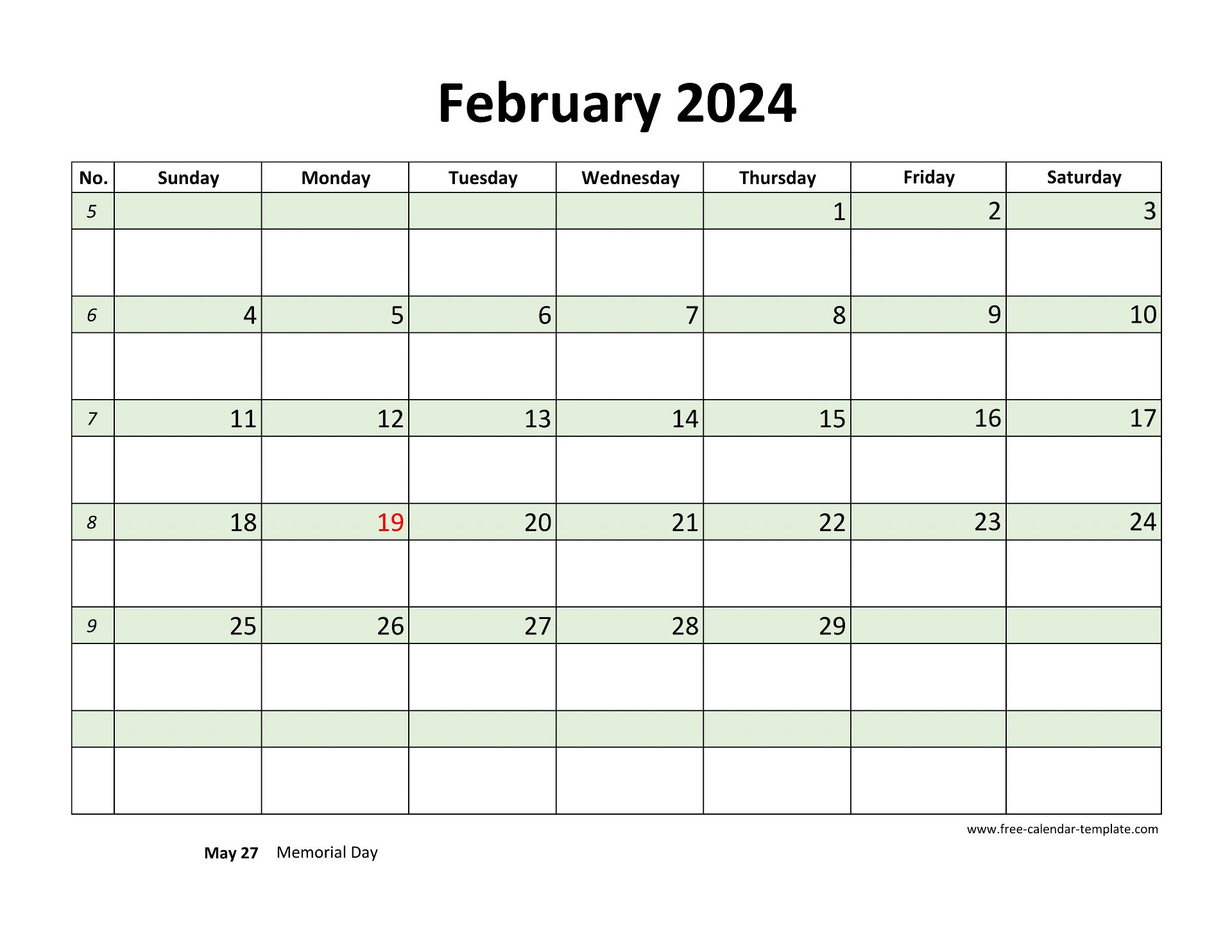 Free February 2024 Calendar, coloring on each day (horizontal) Free