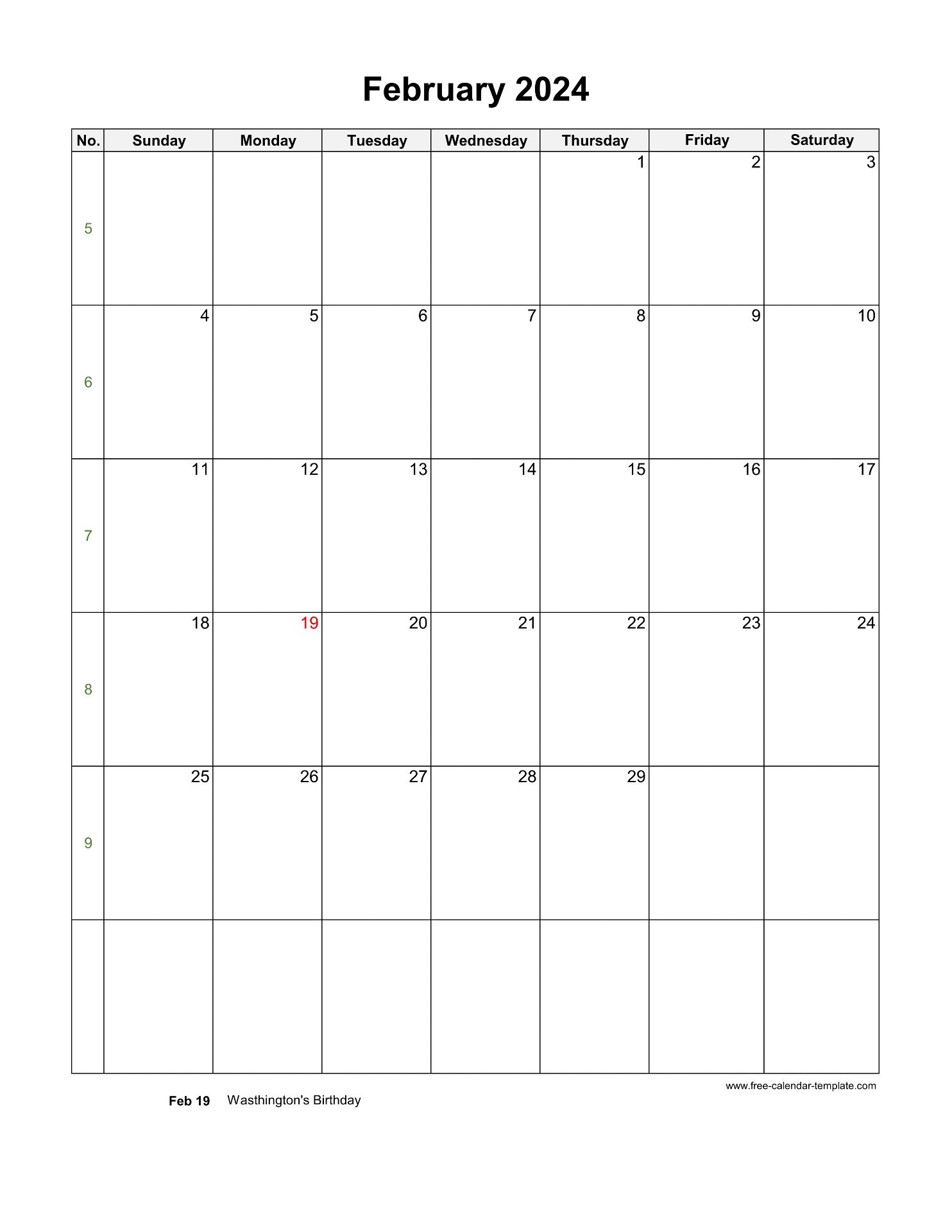 2024 February Calendar Blank Vertical Template Free Calendar
