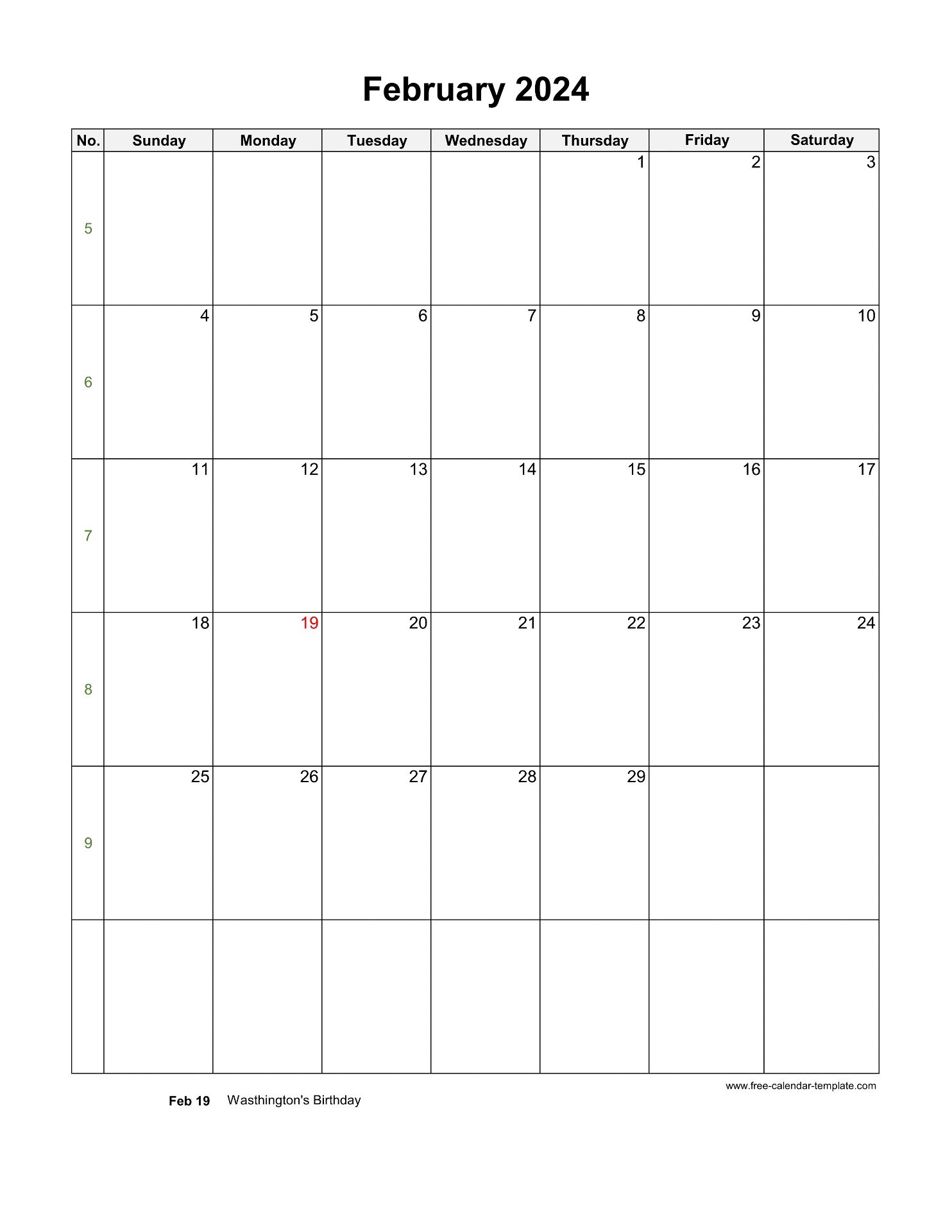 2024 February Calendar (Blank Vertical Template) Freecalendar