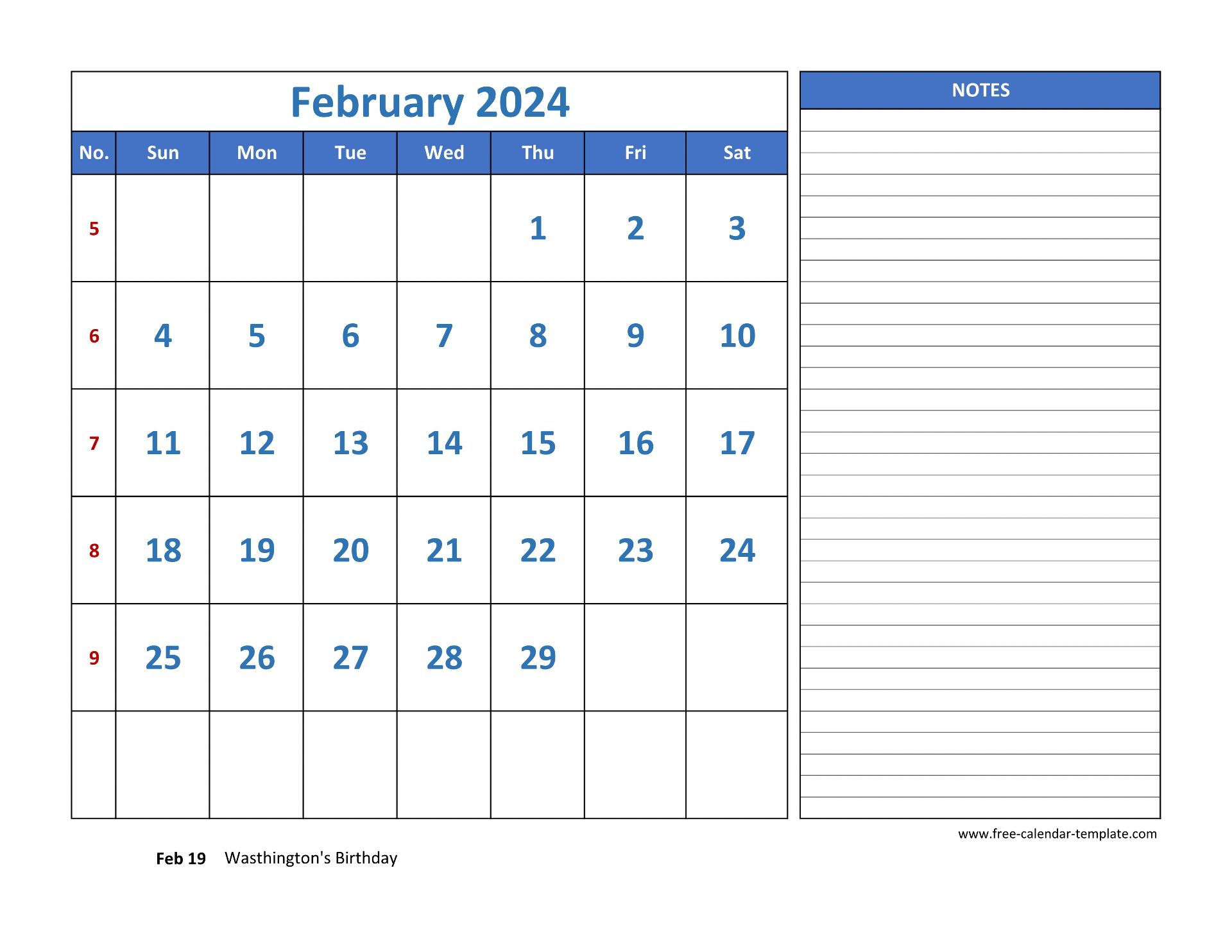February Calendar 2024 grid lines for holidays and notes (horizontal
