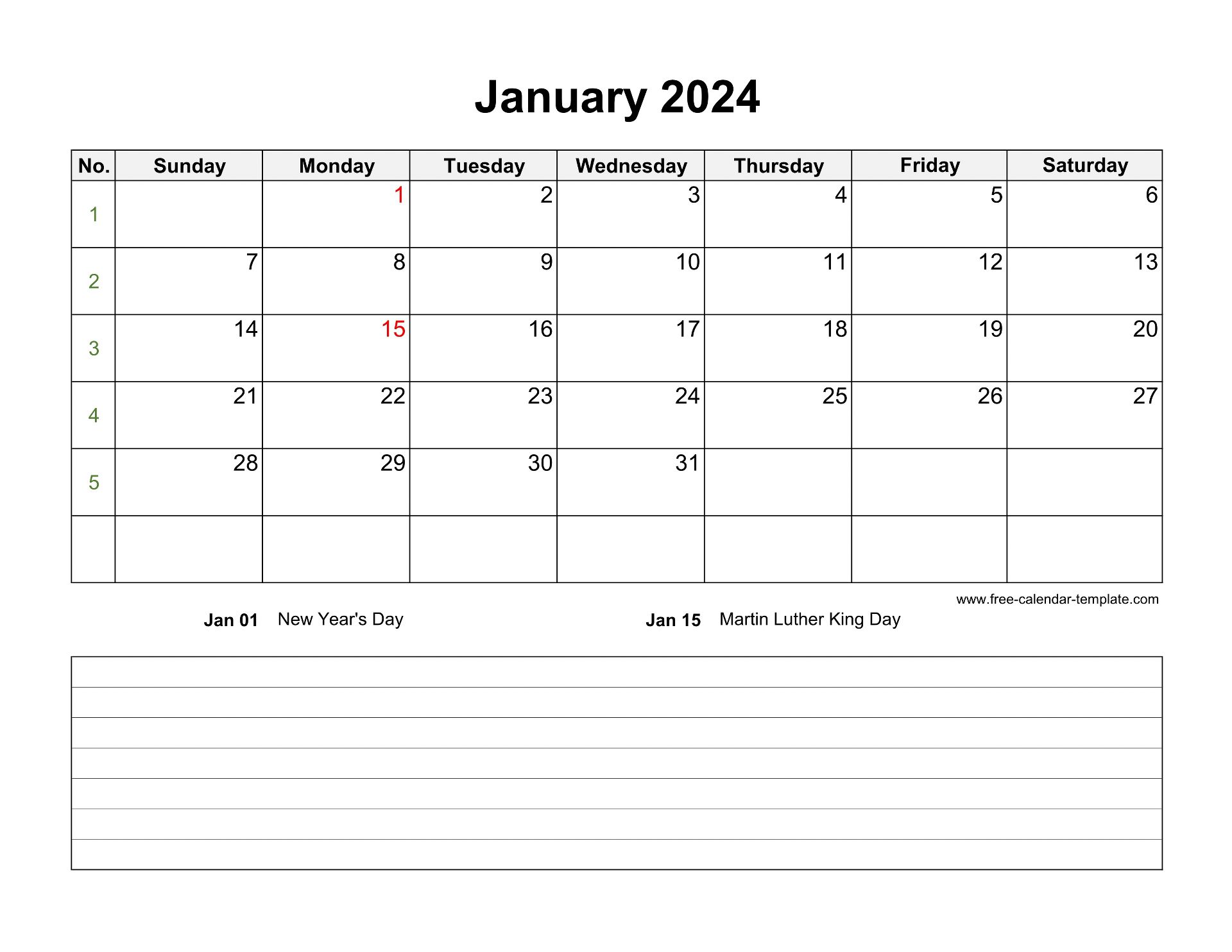 2024 Printable January Calendar With Space For Appointments Horizontal