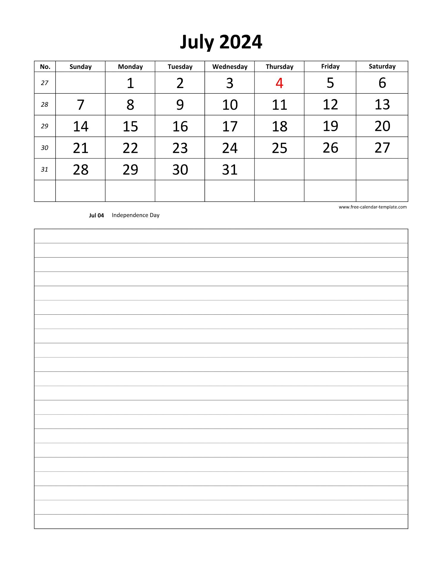 Printable 2024 July Calendar grid lines for daily notes (vertical