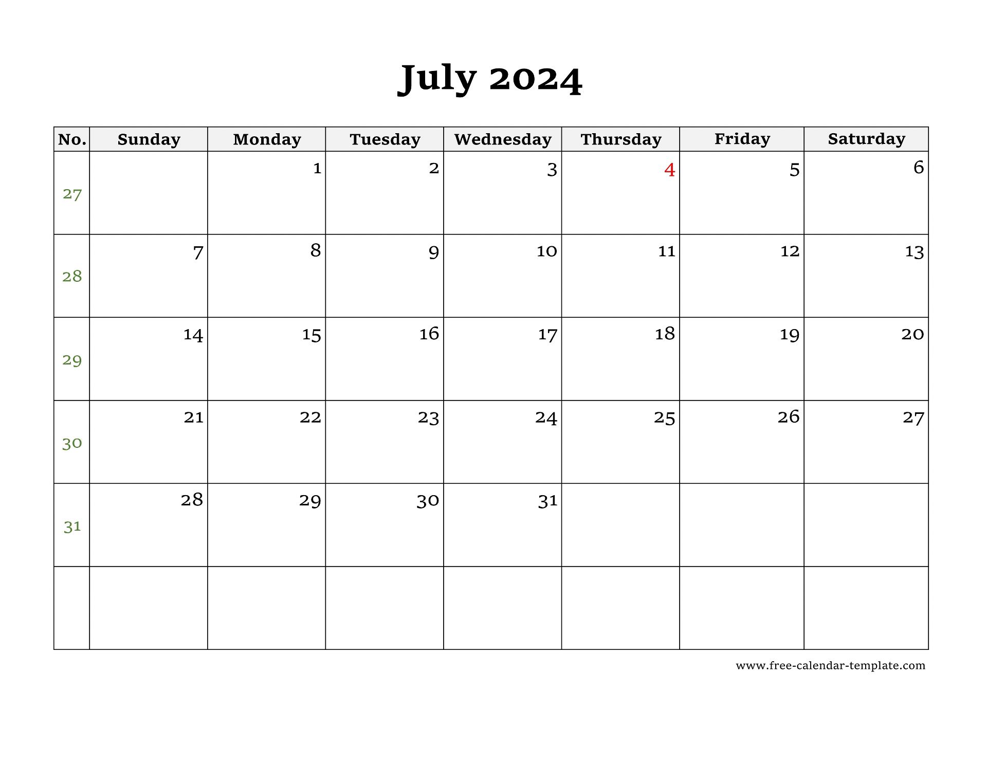 Simple July Calendar 2024 large box on each day for notes. Free