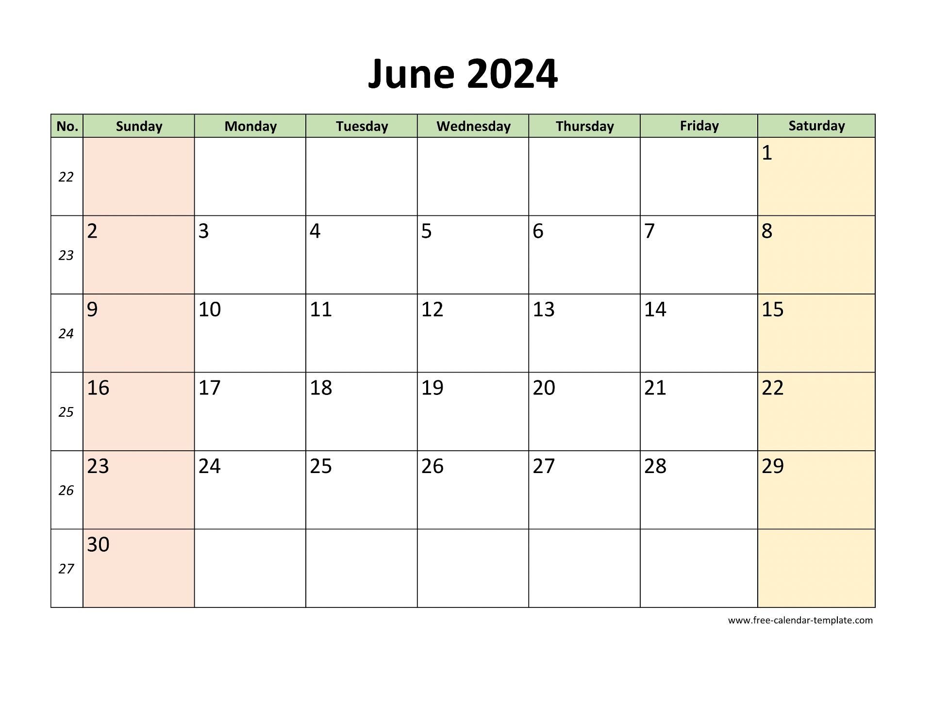 June 2024 Calendar Printable with coloring on weekend (horizontal ...