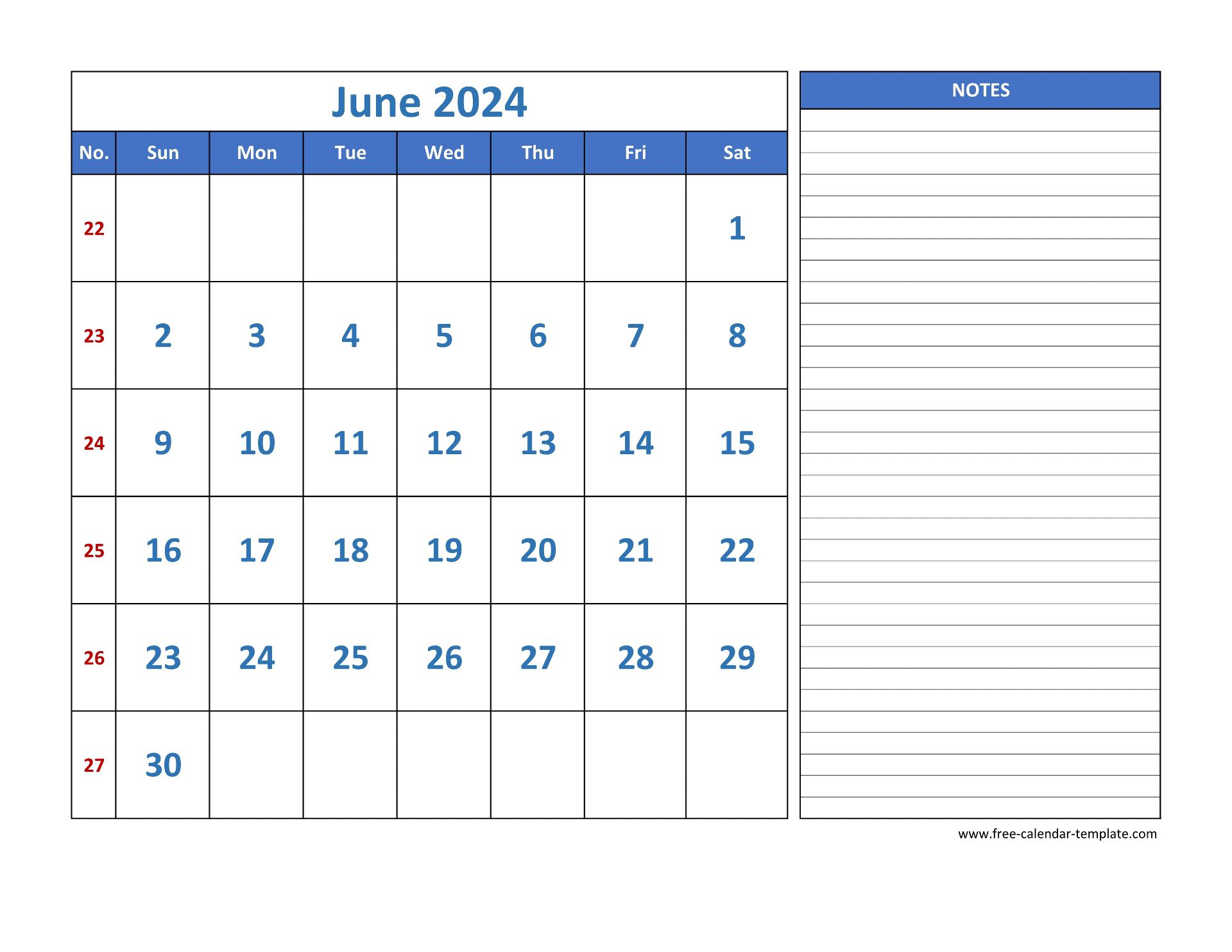 June Calendar 2024 grid lines for holidays and notes (horizontal ...