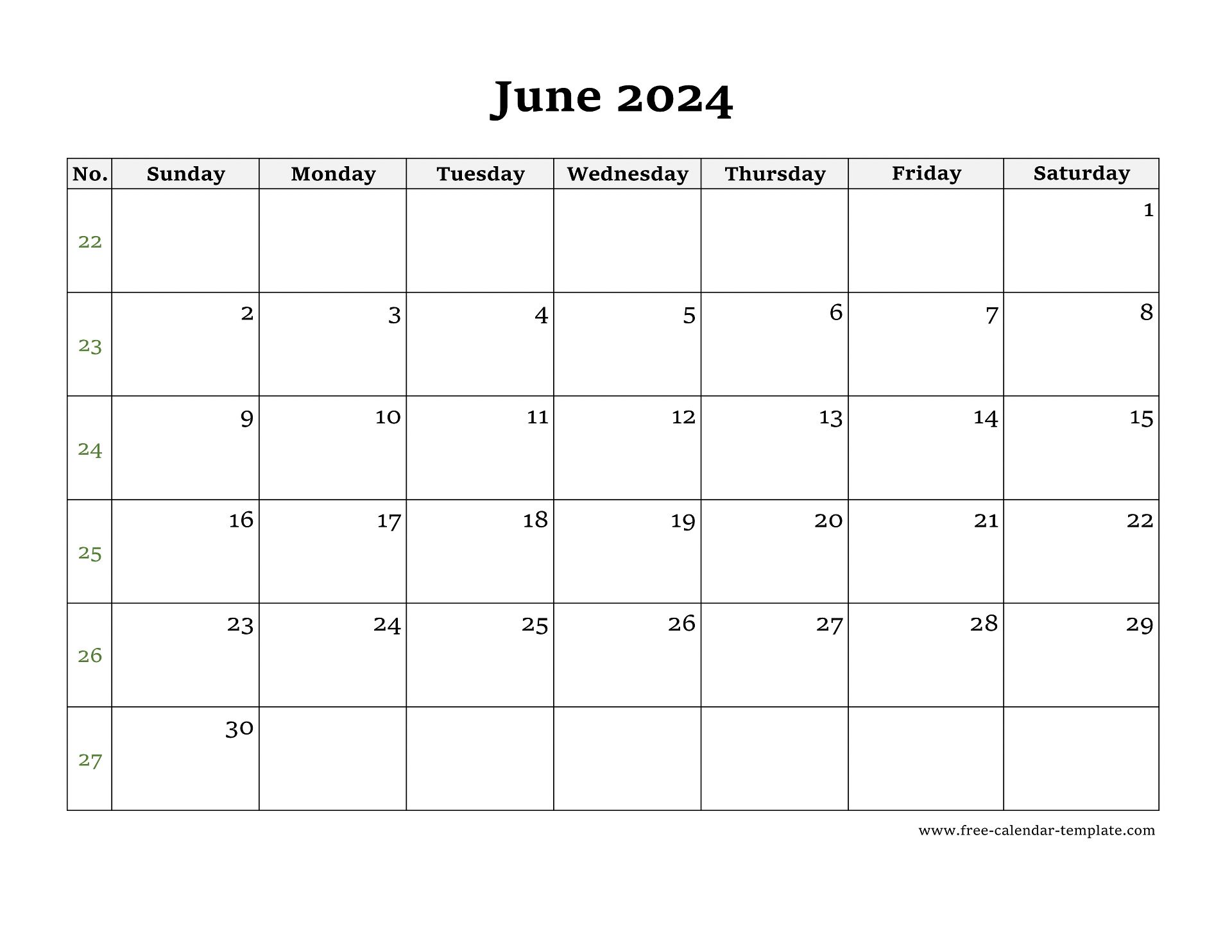 Simple June Calendar 2024 large box on each day for notes. | Free ...