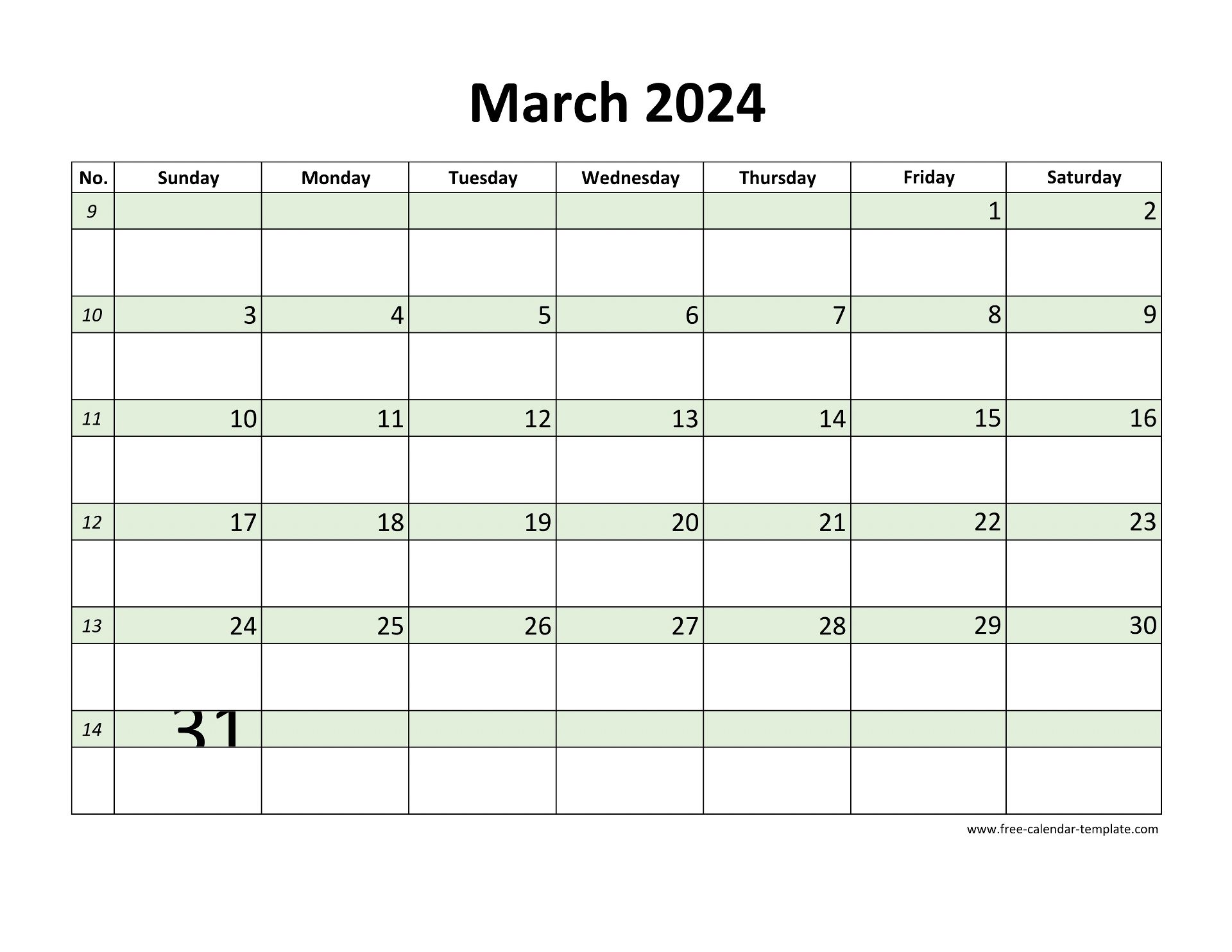 Free March 2024 Calendar, coloring on each day (horizontal) Free