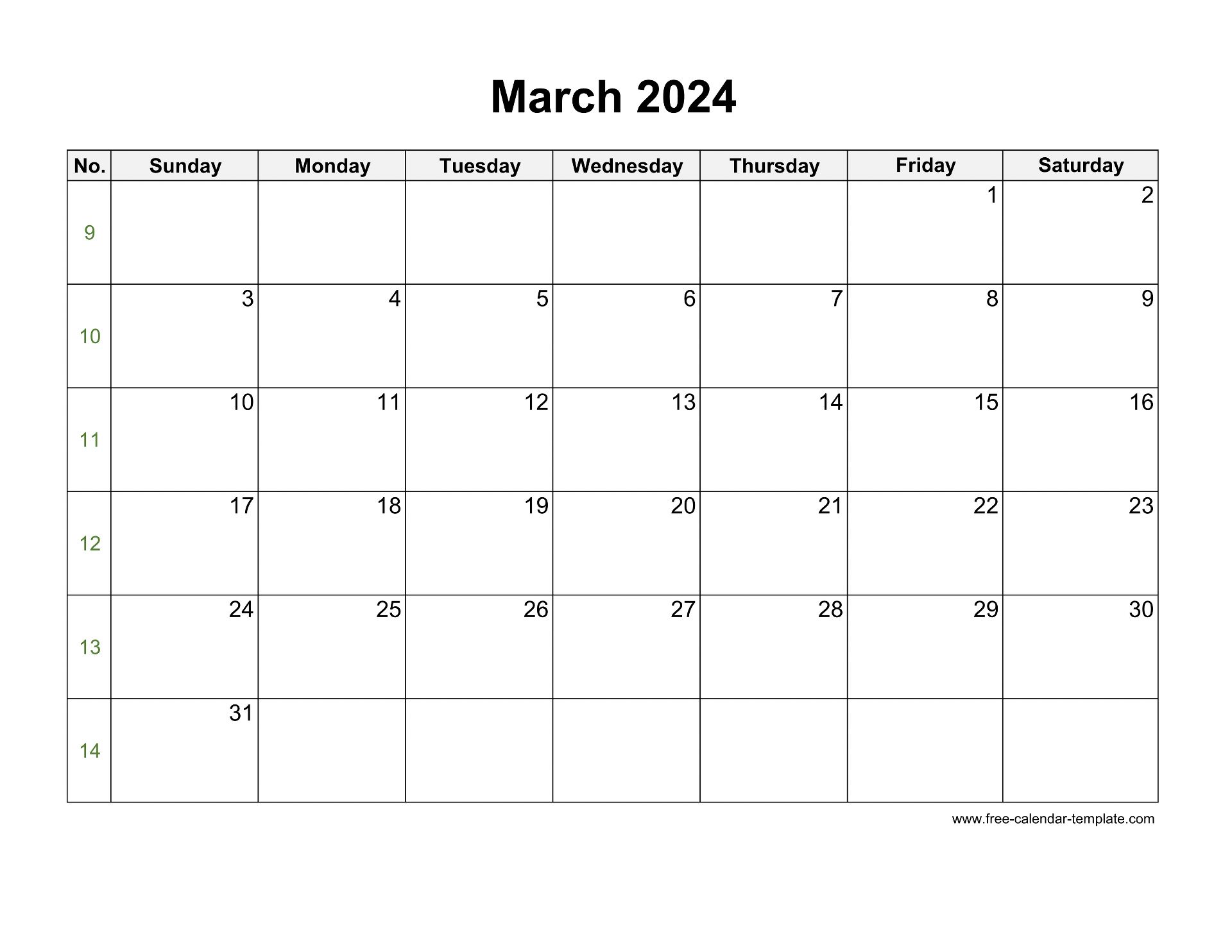 Free 2024 Calendar Blank March Template (horizontal) Freecalendar