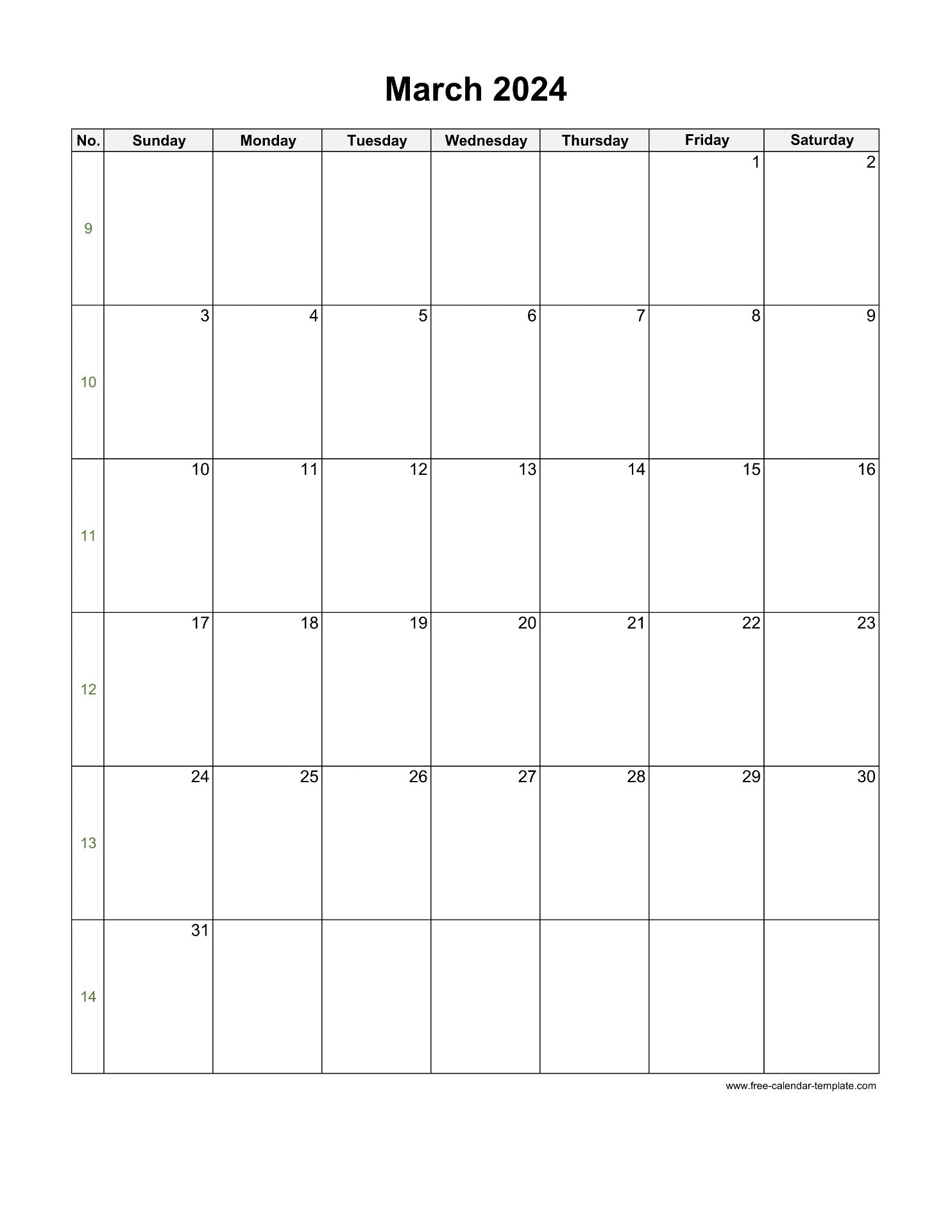 2024 March Calendar (Blank Vertical Template)