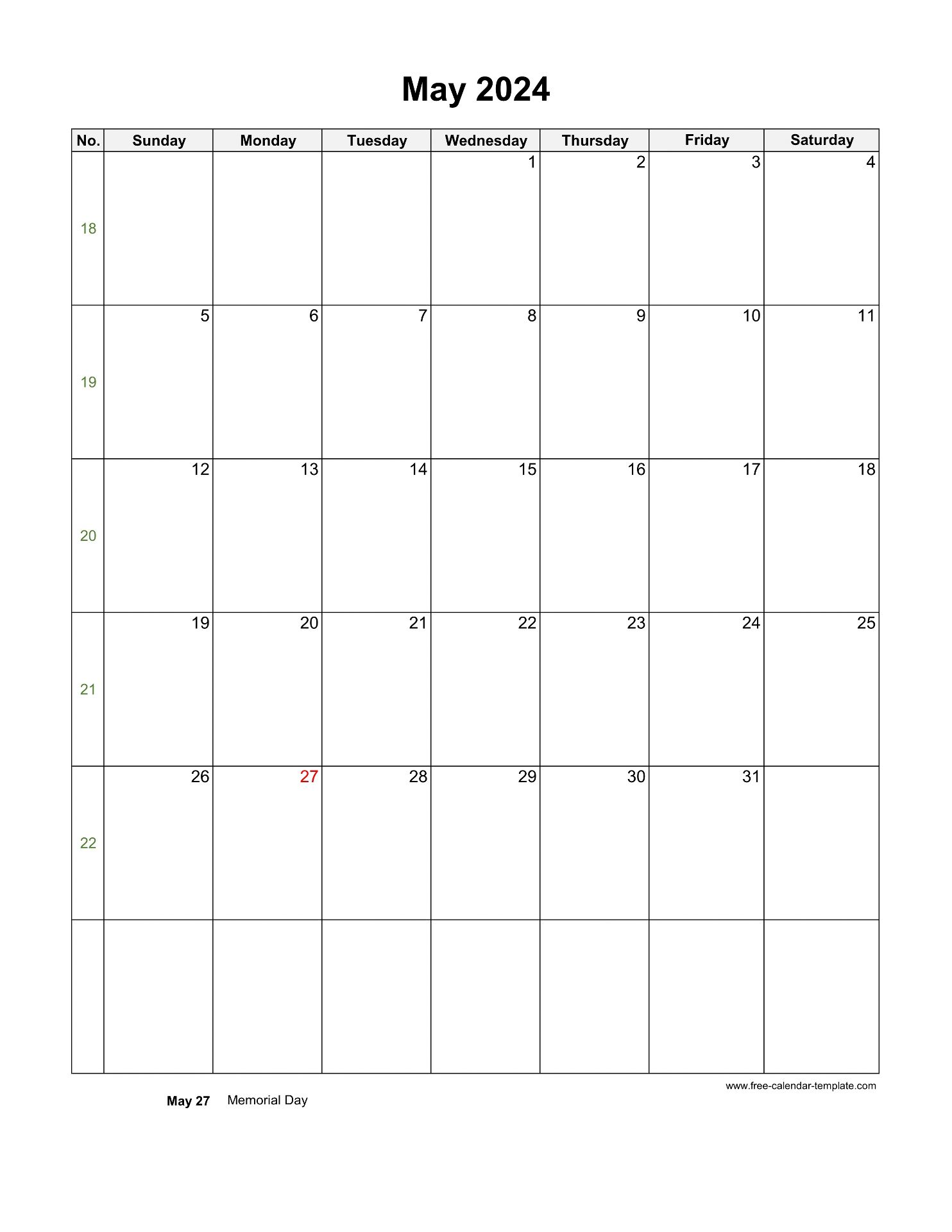 2024 May Calendar (Blank Vertical Template)