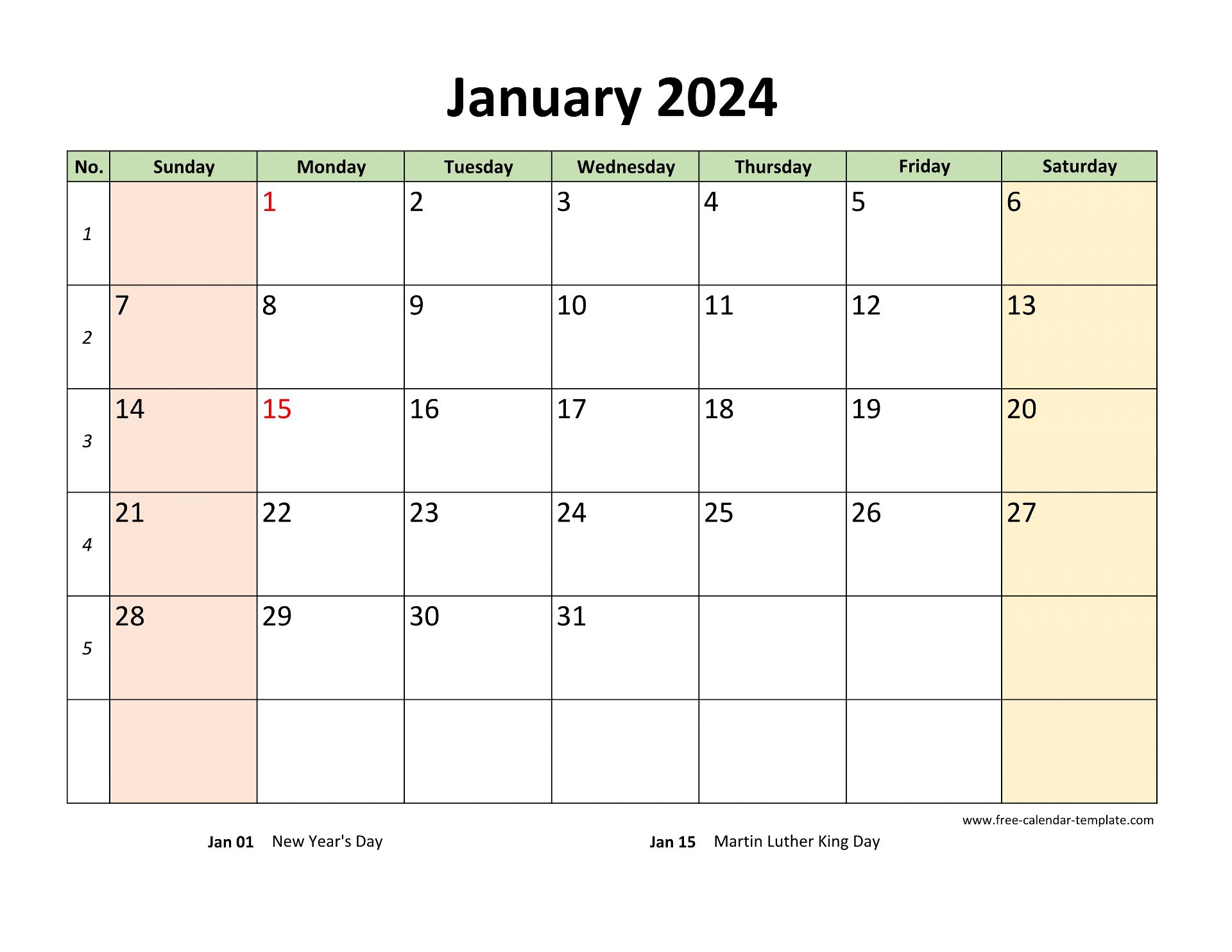 Monthly 2024 Calendar Printable with coloring on weekend (horizontal