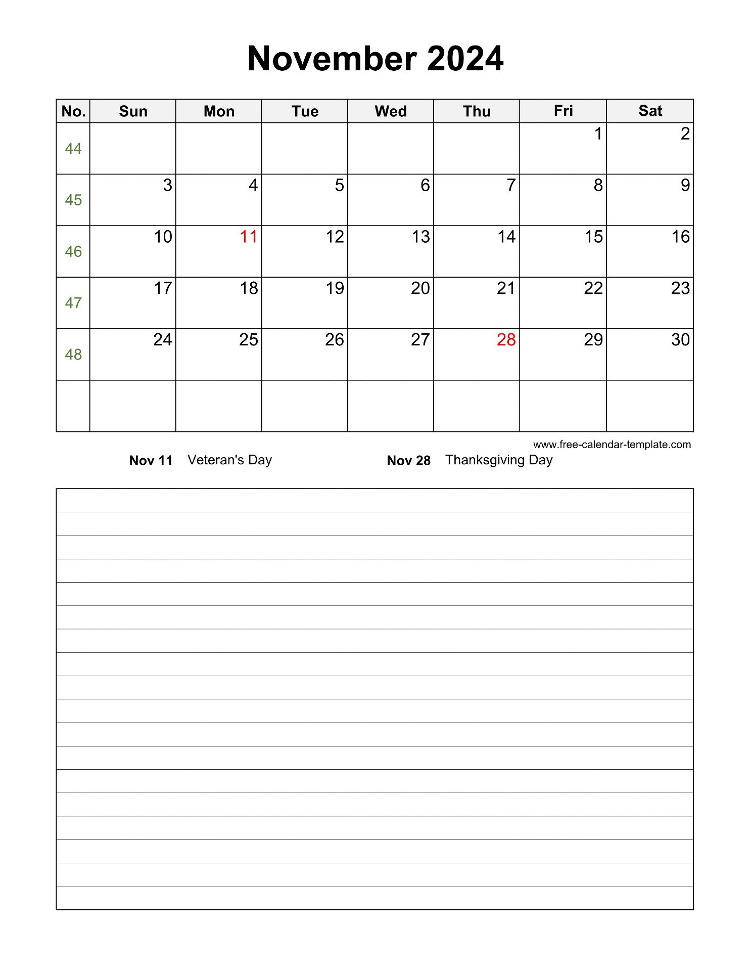 Printable November 2024 Calendar with space for appointments (vertical
